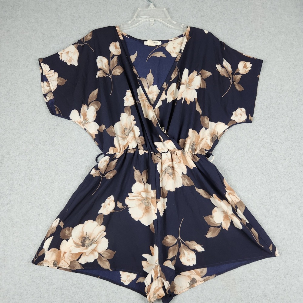 Miley + Molly Romper Womens Large Navy Blue Floral Surplice V-Neck Elastic Waist